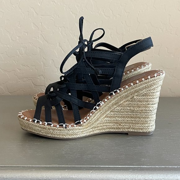 SO Kohls 6 Ketch Black Lace Up Jute Platform Wedge Espadrille Sandals Worn Once! - Picture 8 of 11